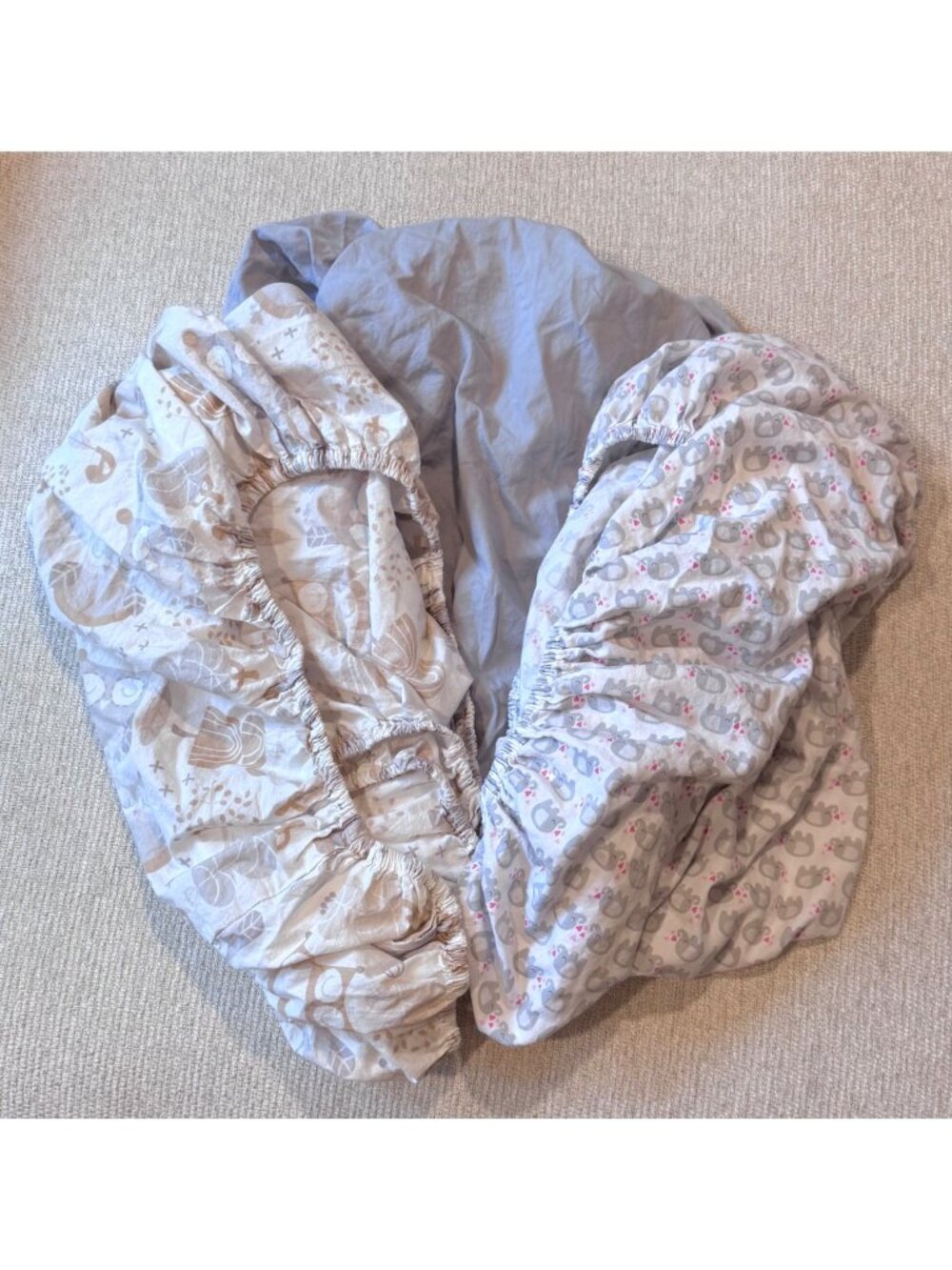 Lot of 3 Crib Sheets Gray Elephants Tan Owls Cotton Baby Nursery Boy or Girl